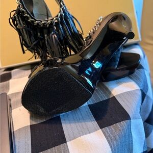 MICHAEL Michael Kors Black Glossy Heels with Chain Accent